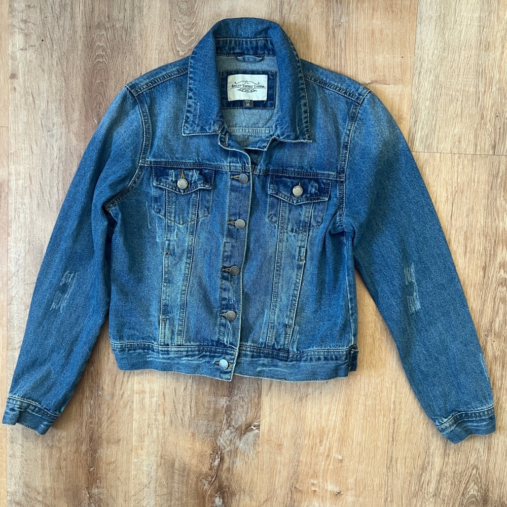 Ashley Vintage Charm Distressed Cropped Denim‎ Trucker Jacket Womens M 90s USA